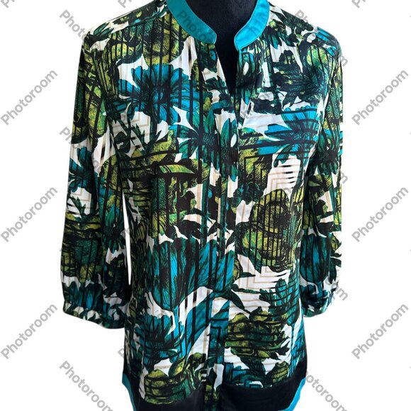 JM Collection Size 10 Teal Floral 3/4 Sleeve Button Blouse - Picture 1 of 6